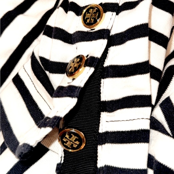 Tory Burch Stripe Turtleneck medium button cuffs long length black cream - Picture 3 of 16